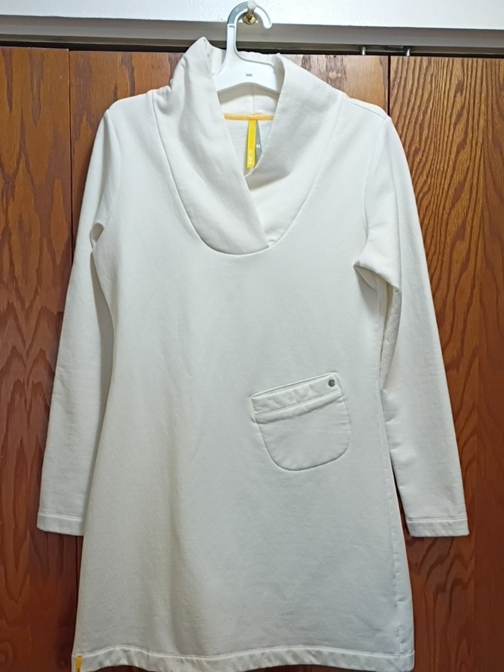 Women's White Cowl Neck Long-Sleeve Dress with Front Pocket